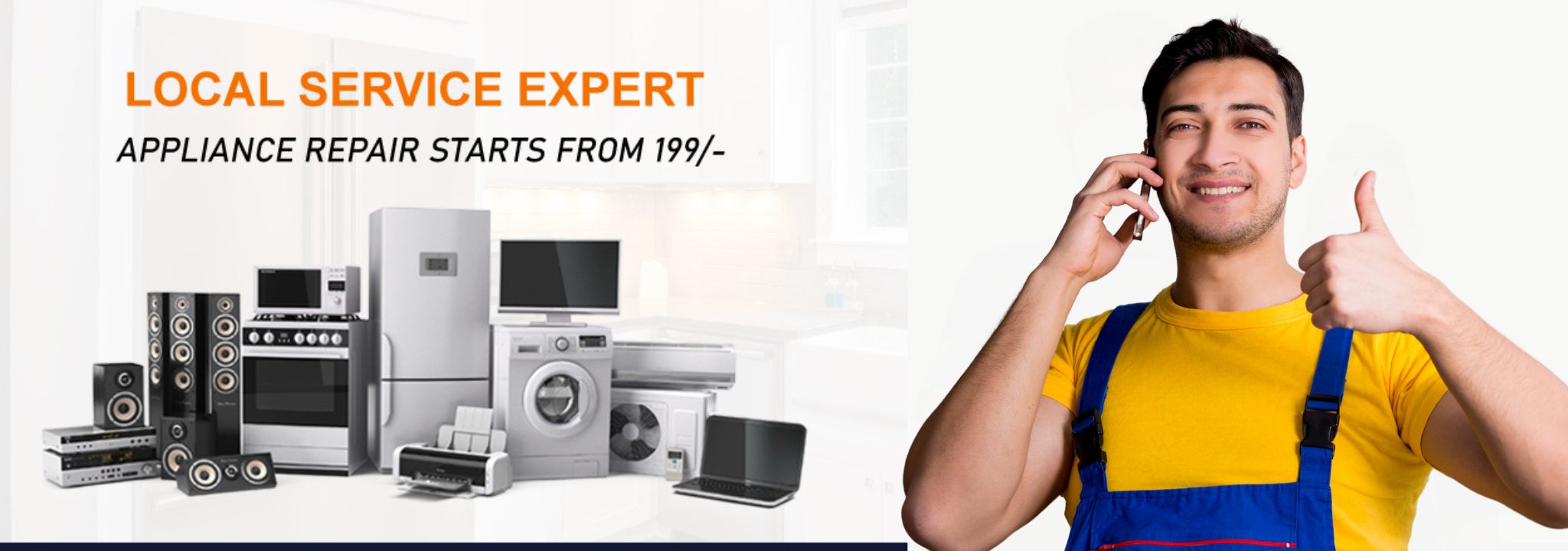 Two people wearing masks and gloves stand beside various home appliances, with text promoting appliance repair services starting from 199.