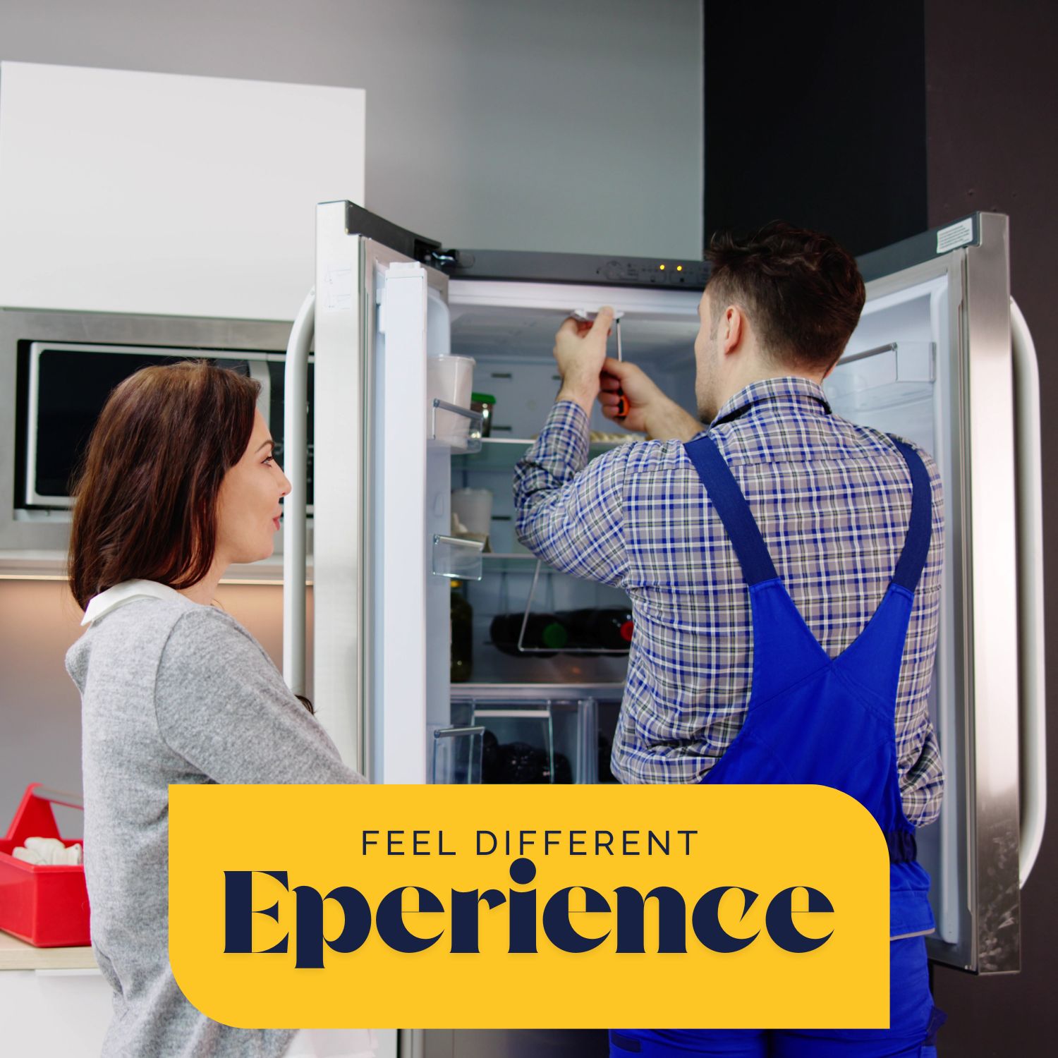 Advertisement for microwave repair service with technician working on appliance and contact details. 