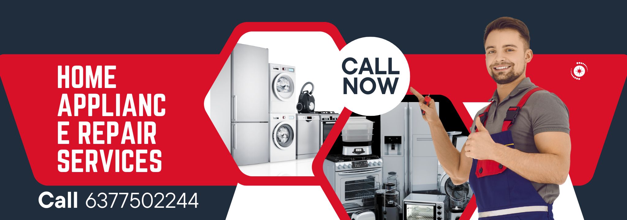 Advertisement for microwave repair service with technician working on appliance and contact details. 