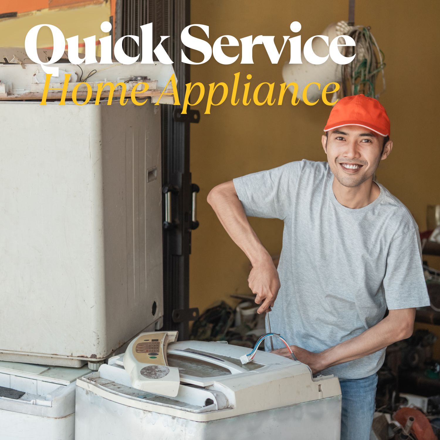 A technician in a blue shirt repairing an air conditioner with an 